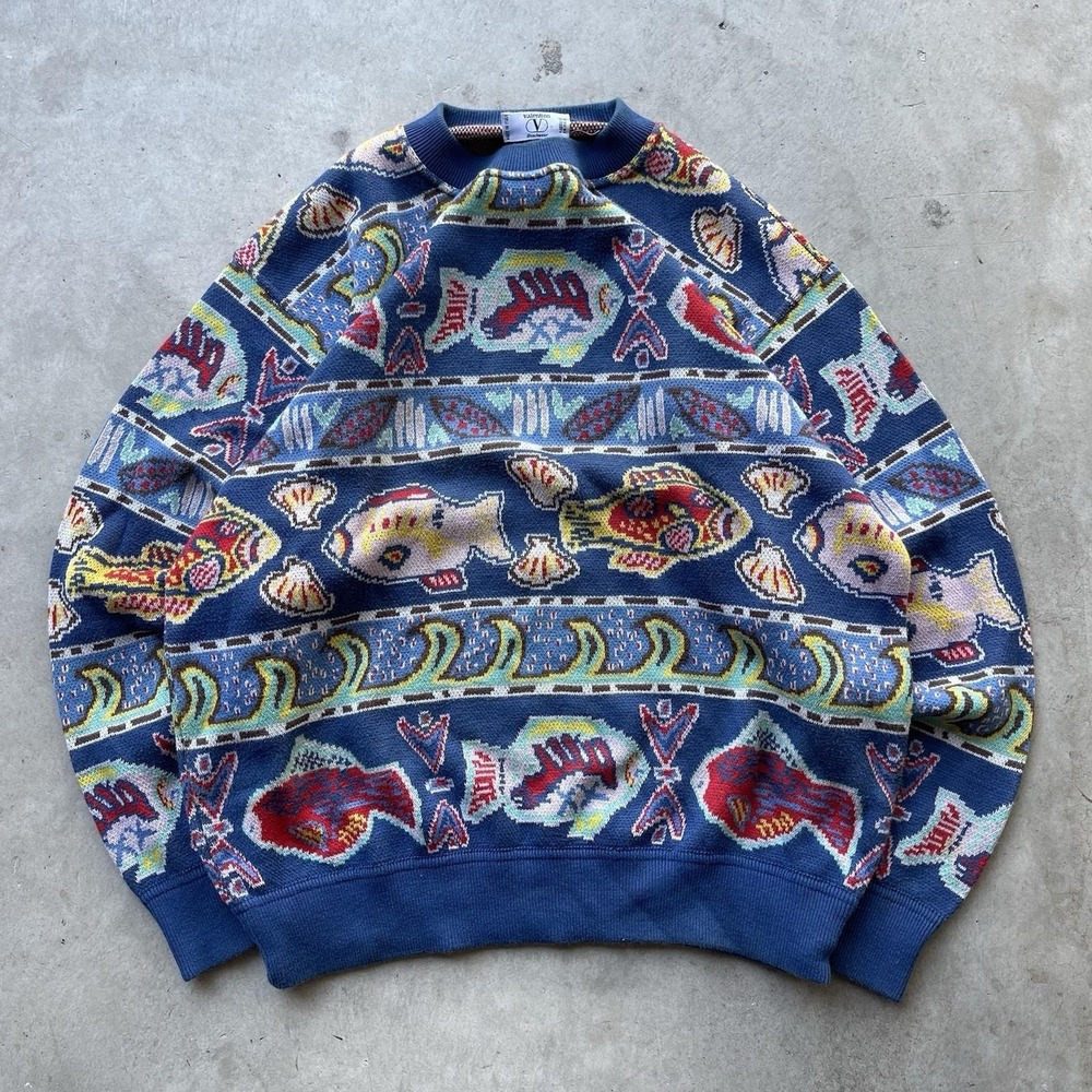 Vintage Valentino Beachwear Sweater Fish All Over Print 90s Knit Italy L XL